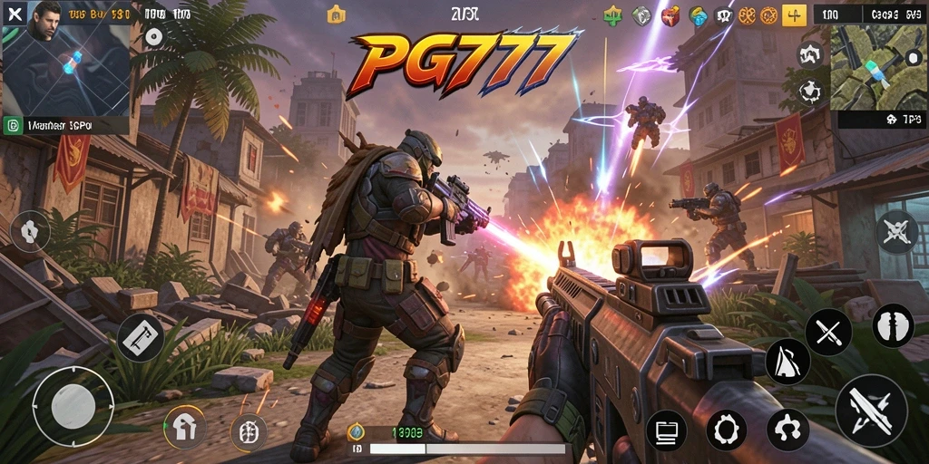 Screenshot utama PG777 menampilkan aksi seru dalam pertarungan TPS.